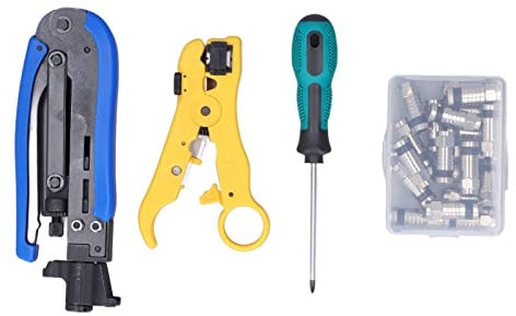 Coax Cable Crimper Kit, Multifunctional Network Toolkit for Stripping, Cutting Copper Wire, Wiring, Crimping Terminals, with Heat Treated Pliers, Ergonomic Handle, Fine