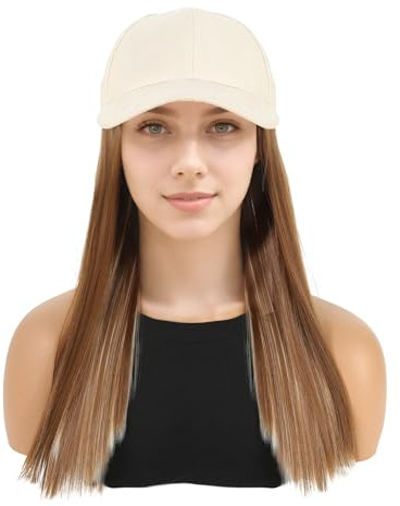 Perruques avec chapeau combinaison dames, cheveux longs avec casquette solaire réglable, chapeau d'été amovible