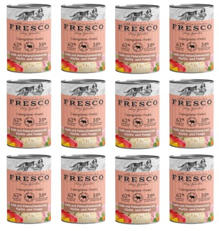 Fresco Complete-Menü Kalb mit Petersilienwurzel, Mango & Johannisbeere | 12er Pack | 12 x 400 g | Nassbarf für Hunde | Wichtige Proteine & Eiweiß | Aus reinem Muskelfleisch