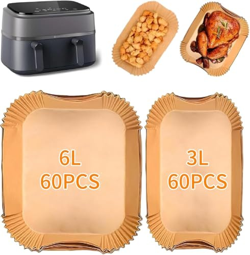 Grillix 120 Pezzi Carta Forno per Friggitrice Ad Aria, Airfryer Parchment Paper, per uso Alimentare BPA Free, FDA e LFGB, Quadrato-Rotondo, BPA Free, Monouso, Adatto al Forno, da 3,5 a 6 Litri.