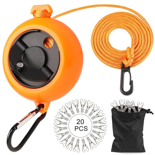 JASUEN Wäscheleine Ausziehbar für Camping and Reise - Updated Extralange 10m Tragbare and Robuste Schnur mit Großer Kurbel (Orange mit Schwarz)
