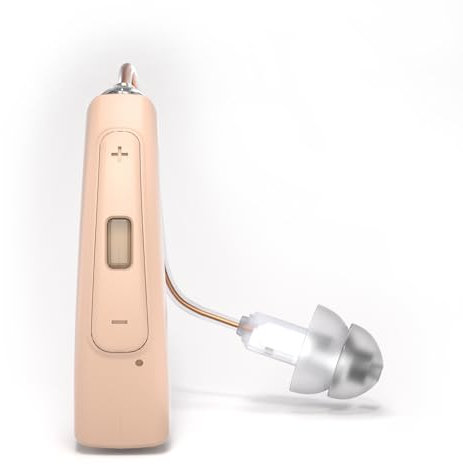 Elektrisches wiederaufladbares Soundgerät mit Noise Cancelling, 32-Kanal Digital Klanggerät Leicht & Diskret, inkl. 3 Ohrpassstücke (S/M/L) – Delmicure Audiogerät für Senioren (Kamel)