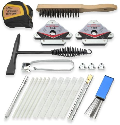 VASTOOLS Welding Accessories,22pc,Chipping Hammer, Welding Soapstone Holder,16'x 1Tape measures,50LB Welding Magnet,Triple Flint Torch Striker,3Torch Cleaner,Wire Brush 11