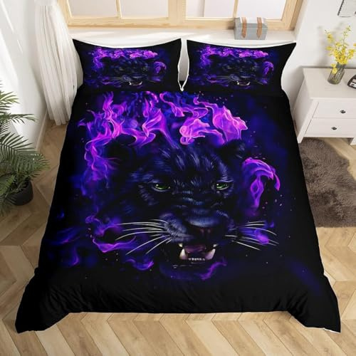 Loussiesd Ensemble de Linge de lit Leopard Black Panther Housse de Couette 140x200cm pour Enfants Garçons Filles Safari Gepard Housse de Couette Blue Fire Wild Animaux Decor Parure de Lit
