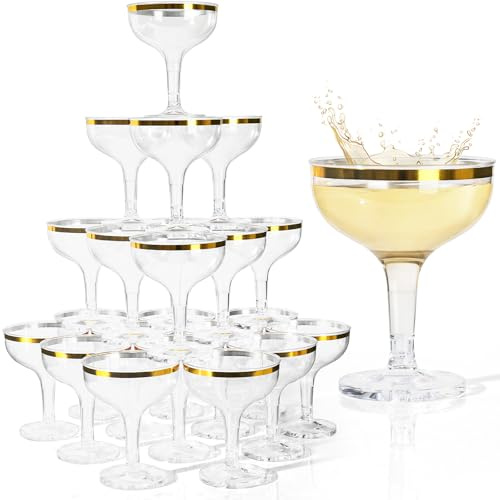 RYTOXILO Champagne Tower Glasses, 50 Pack 5.4 fl oz Plastic Coupe Glasses for Parties with Gold Rimmed, Disposable Clear Acrylic Martini Cocktail Cups, Unbreakable Reusable Unique Champagne Glasses