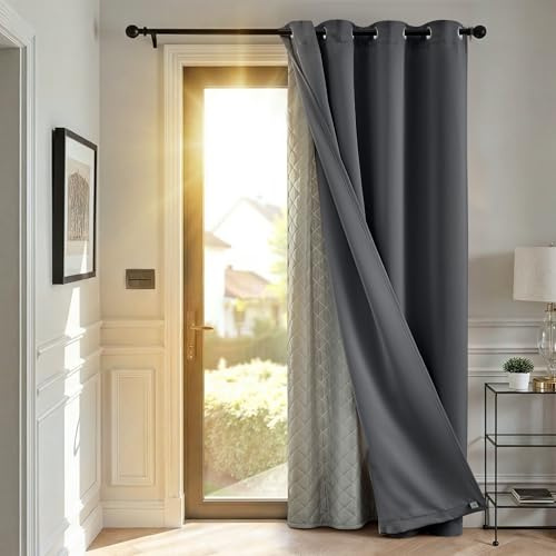 TOPICK Full Blackout Grey Curtains 90 Inch Drop with Removable Thermal Lining, Thick Microfiber Sunlight Blocking Lined Door Drapes, Windproof Curtain for Living Room, Bedroom, W52 x L90 Inch, 1 Panel