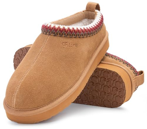 FITORY Women's Suede Slippers, Slip On Fur Mule Shoes Brown Size 8