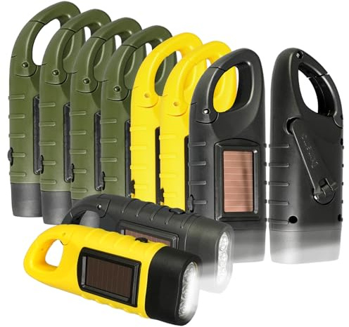 UCEHIPAW 10 Pcs Hand Crank Flashlight Dynamo Rechargeable LED Emergency Survival Light Solar Powered Flashlight for Hiking Camping Outdoor Sports (Green,Black,Yellow)
