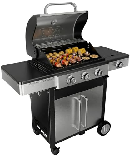 Black+Decker – Gasgrill 3 Brenner 3,6 kW + Seitenbrenner 2,1 kW | Gusseisen-Grillrost | Leichte Reinigung | Edelstahl-Thermometer | Flexible Grillfläche | Drehbare Rollen
