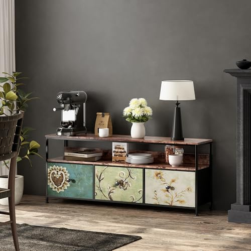 SUNFECILI Mueble para TV con iluminación LED, Mesa para TV con 3 cajones y 3 Compartimentos Abiertos, Mueble bajo para TV con 3 cajones extraíbles de Tela, Armario Multiusos (Colorido-108cm-B)