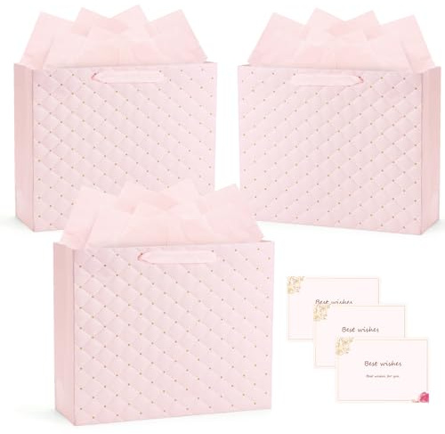 VynyQoo Pochette Cadeau, 3PCS Sac Cadeau avec 3 Cartes de Vœux et 3 Papiers de Soie, Anniversaire Portable avec Poignées, Moyens pour Fête, Mariage, Baptême, Saint-Valentin