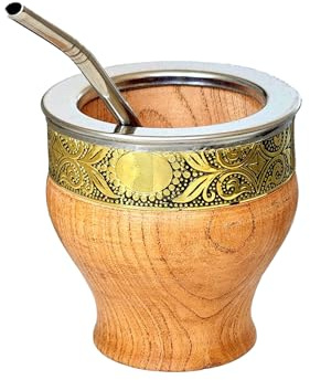 Tasse mate impériale argentine - Fabriquée en bois de caroube naturel avec bord en bronze de qualité supérieure - Avec ampoule en acier inoxydable (bois et bronze)