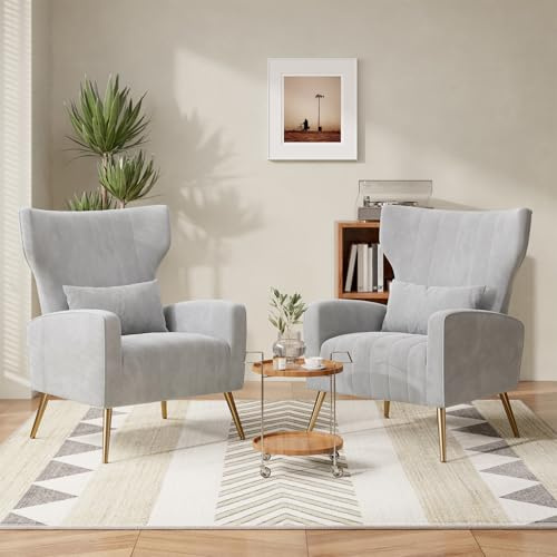 Hawthyhome 2er-Set Samt-Ohrensessel mit Kissen, Hellgrau | 2er-Set; hohe Rückenlehnen; passende Kissen; goldene Metallbeine; Loungesessel für Wohnzimmer, Schlafzimmer & Leseecke