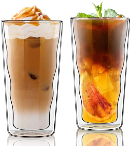 Joeyan 450ml Verres à Latte Macchiato Double Paroi Borosilicate, Lot de 2 | Tasse à Café Hauts,Forme Élancée Verres Isothermes,Mug Isolé pour Bière,Cappuccino,Ice Tea,Coffee,Cocktail,Smoothie,Matcha
