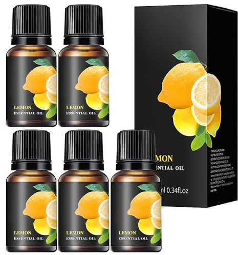 Olio di limone, olio essenziale naturale al 100%, olio essenziale di limone con aroma fruttato rinfrescante, per massaggi, aromaterapia, diffusori, profumi, candele profumate, 5 x 10 ml