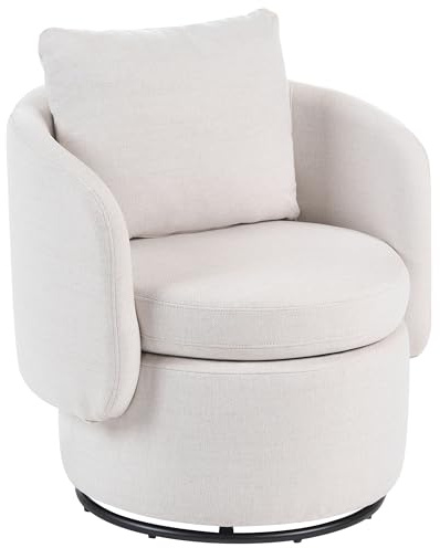 Beliani Sillón de Tela con Respaldo Curvo Base giratoria de 360° y cojín Decorativo con Espacio de almacenaje Blanco Crema Horsens