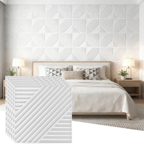 XQLY 16 Pcs White 3D Wall Panels 11.8x11.8 15.5 Sq.Ft Textured PVC Decor | 3D linear texture elevates any space. Waterproof, easy-clean, formaldehyde-free PVC, Ideal for living room, bedroom, office