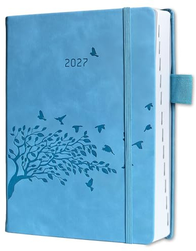 Kalender 2027 A5 1 Tag eine Seite, Tagesplaner & Terminplaner (Jan-Dez 2027) mit Tabs, Notizen, Kontakt, Einstecktasche & Stifthalter, PU Hardcover, Buchkalender Jahresplaner für Büro Schule Familie