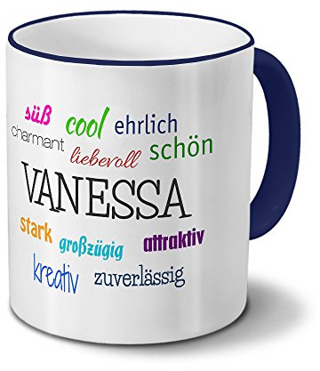 printplanet Tasse mit Namen Vanessa - Positive Eigenschaften von Vanessa - Namenstasse, Kaffeebecher, Mug, Becher, Kaffeetasse - Farbe Blau