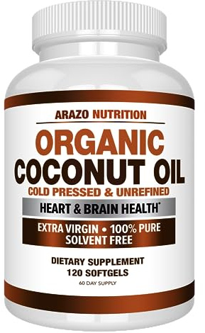 Arazo Nutrition Organic Coconut Oil 2000 MG Per Serving - 100% Extra Virgin Unrefined Cold Pressed for Weight Support, Skin, Hair, Nails - 120 Softgel Capsules
