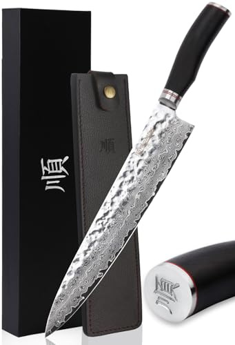 YOUSUNLONG Cuchillo de chef 305mm - Acero de Damasco martillado japonés - Cuchillo de chef profesional Gyuto - Mango de ébano natural con funda de cuero