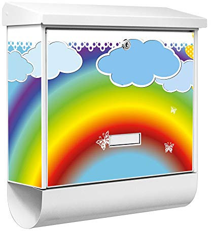banjado® Burgwächter Briefkasten Weiß 38x39x12cm mit Motiv Regenbogen/Briefkasten mit Zeitungsfach/Briefkasten mit Zeitungsrolle/Postkasten inkl. Montagematerial & 2 Schlüsseln