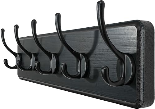 WEBI Percheros Pared Madera,44cm Colgador Pared,Percha Pared,Colgadores Pared,5 Ganchos Para Abrigos,Chaqueta,Negro
