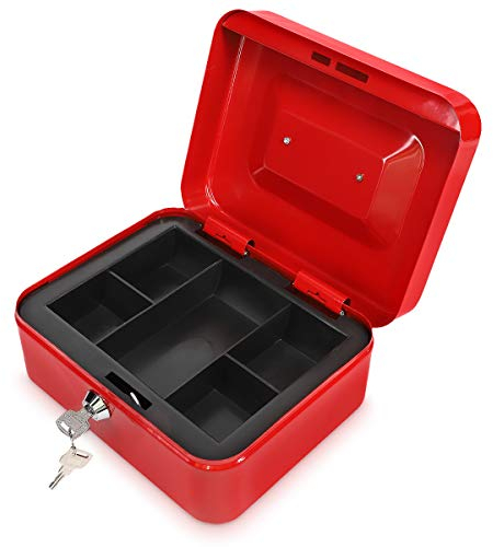 Navaris Geldkassette mit Münzfach Scheinfach - Kasse für Bargeld Münzen Scheine - Geldkasse Box abschließbar in Rot