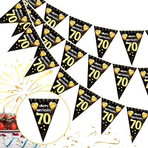70. Geburtstag Girlande Banner, Schwarz Gold Wimpel Banner, Wimpelgirlande für 70. Geburtstag, Wimpelkette zum Aufhängen, Deko Wimpel für Frauen und Mann
