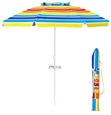 COSTWAY Ombrellone da Spiaggia 200 x 220 cm, Ombrellone da Mare con Inclinazione Regolabile, con Vassoio, 8 Stecche, Protezione UV, Impermeabile, Borsa di Trasporto (Colorato)