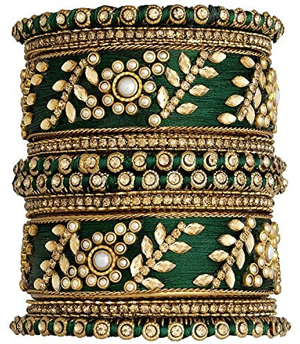 Aheli Traditional Wedding Designer Silk Thread Faux Stone Studded Bridal Bangle Set Chuda Indian Ethnic Bollywood Fashion Jewelry Gift for Women (Green 2.8 Inch)