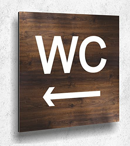 Türschild WC Schild Pfeil Links Holzoptik Eiche Dunkel Damen Herren Holz UV Druck 12 x 12cm - 3mm Aluverbund - Made in Germany Art.Nr. E 2016