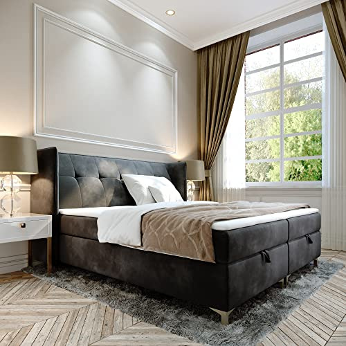 FURNISTAR Boxspringbett Doppelbett LIND - 180x200cm Bett mit Bonellmatratze, mit Bettkasten für Bettwäsche und Topper. EIN Bett mit einem klassischen, konturierten Kopfteil (Velvet 97, 180x200)