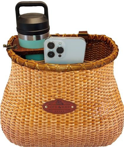 Bike Basket for adult bikes by Tote & Kari | Beach Cruiser or Scooter, Original Wicker Bicycle Baskets with Built-in Cup Holder for Front Handlebar-Classic Handmade Vintage Style Natural Rattan Wicker