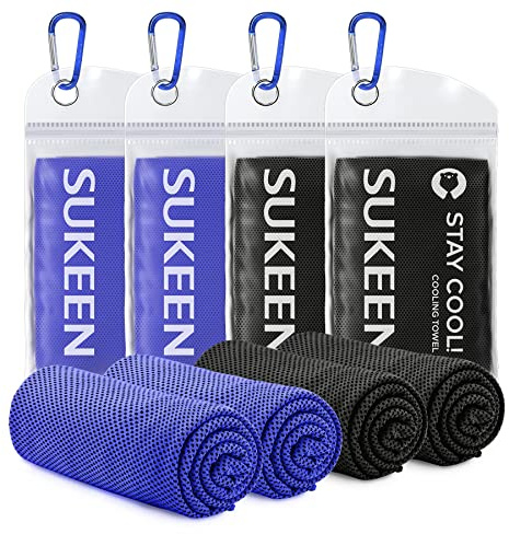 Sukeen Kühlhandtuch Kühlendes Handtuch Kühltuch für Sofortige Kühlung mit 4 Wasserdichten Beuteln Mikrofaser Sporthandtuch für Fitness Camping Wandern Yoga Golf Reisen (2black+2dark Blue, 4 stück)