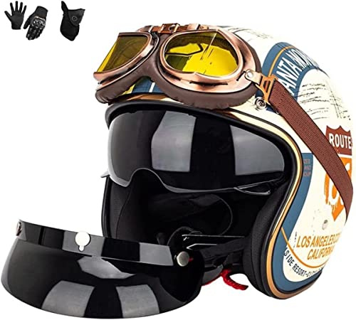 Kcolic 3/4 Vintage Jethelm Motorradhelm, Mit Sonnenblende Halbschale Brain-Cap Retro Scooter-Helm Für Motorrad Scooter Cruiser Chopper ECE Zertifiziert Herren Und Damen A,M=57-58CM