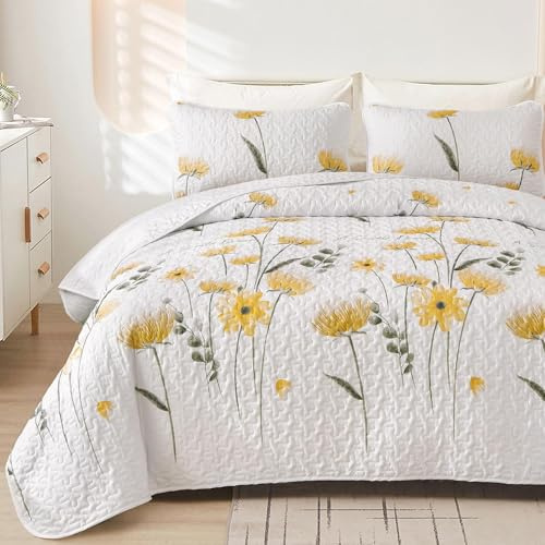 Dinjoy Bettwäsche-Set für King-Size-Bett, Blumenmuster, gelbe Steppdecke, Bettwäsche, Mikrofaser, leicht, Sommer, wendbar, weich, Bauernhaus-Bettbezug für alle Jahreszeiten (279,4 x 228,6 cm)
