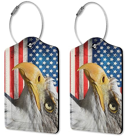 Gepäckanhänger mit amerikanischer Flagge mit Adler-Leder für Männer und Frauen, Set mit 2 langlebigen Reiseanhängern, Namens-Adressetiketten für Koffer, Taschen und Rucksäcke