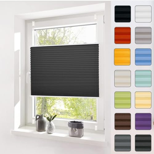Klemmfix Plissee Ohne Bohren 35 x 140 cm Einfache Montage, pflegeleicht Jalousie Easyfix Faltrollo, inkl Befestigungsmaterial, für Wohnzimmer Fenster&Tür, Schwarz