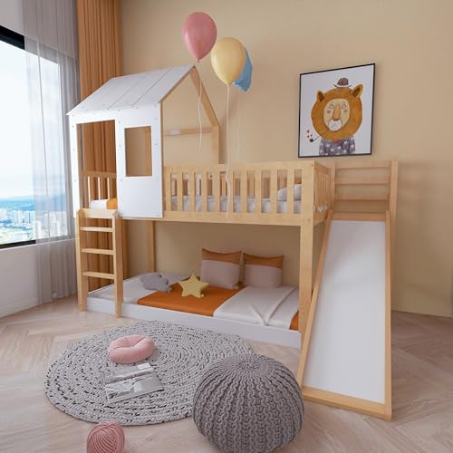 Aunvla Letto a castello con scala ad angolo retto e scivolo, letto con tetto e finestra, lettino con protezione anticaduta e griglia, telaio in pino, naturale+bianco (90 x 200 cm), (WW31105078)