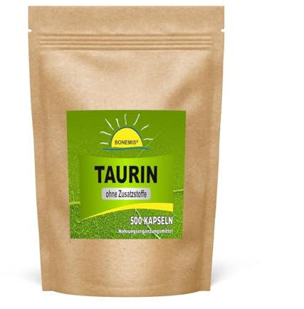 Taurin (Aminosäure), vegan, 500 vegane Kapseln (Vorrats-/Nachfüllpack), Premiumqualität ohne Zusatzstoffe, Bonemis®