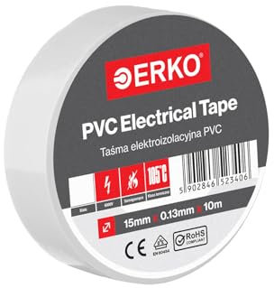 ERKO Cinta aislante Blanca PVC 15mm x 10m Reparación de conductos eléctricos, Alta flexibilidad con fuerte adhesión, Resistente a productos químicos, Cloruro de Polivinilo