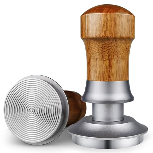 ceelatti 54mm Tamper, Spring Loaded Coffee Tamper 54mm, 30lbs Constant Pressure Calibrated Espresso Tamper for Breville Sage Barista Express Pro, Wood Handle, Stainless Steel Ripple Base, Silver