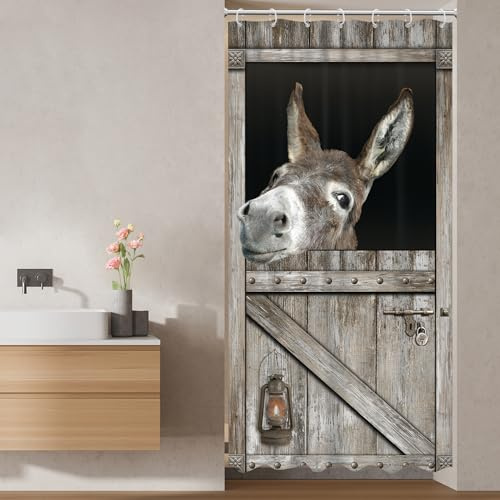 Ufeela Kleiner Esel-Duschvorhang, 91 x 183 cm (B x L), Wohnmobil, halbes Bauernhaus, lustig, rustikal, Scheunentür, Bauernhof, Tier, Retro, Holzduschvorhang, Badezimmer-Set, Landhaus-Badvorhang | 91,4 x 183,9 cm (B x L), lustiger, rustikaler Look, wasserdichter HD-Druck, schnell trocknender Stoff und kostenlose Haken.
