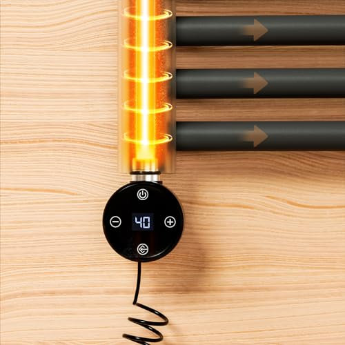 EMKE Heizstab für Badheizkörper mit Thermostat 900W, Heizpatrone für Heizkörper Handtuchheizkörper Elektrisch, Heizstab aus Edelstahl mit Elektronischer Temperaturregler und Timerfunktion Schwarz