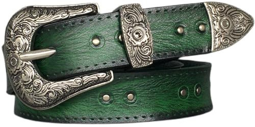 WRJAHCG Damen-Gürtel Nietengürtel, Taillengürtel Damen Schmal Verstellbarer Western, Lässiger Vintage Echtledergürtel mit Legiertem Metall Dornschließe, 2.8CM,Grün,90CM/35.43''