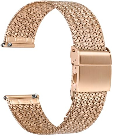 WOCCI 18mm Elite Uhrenarmband aus Metall für Damen und Herren, Gewebtes Mesh Armband, 316L Edelstahl, Schnellverschluss, Faltschließe (Roségold)