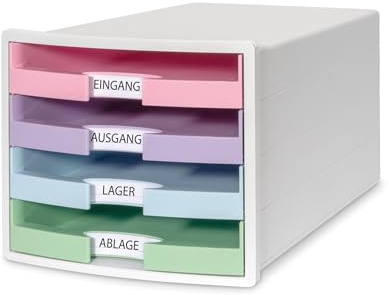 HAN Schubladenbox IMPULS 2.0 mit 4 offenen Schubladen für DIN A4/C4 inkl. Beschriftungsschilder, Auszugsperre, möbelschonende Gummifüße, premium Qualität, 1013-129, weiß/pastell