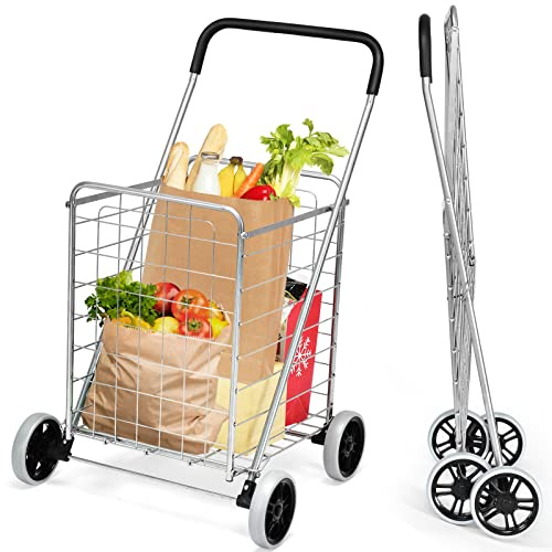 COSTWAY Vikbar shoppingvagn, shoppingvagn på rullar, 45 kg lastkapacitet, 83 l, bärbar handvagn, rullvagn universalvagn för tvätt, shopping, bagage (silver)