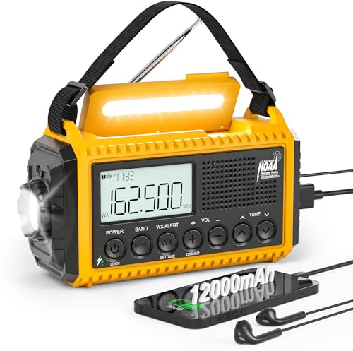 Eoxsmile Emergency Radio 12000mAh with NOAA Weather Alert - Solar/Crank/Battery Powered AM/FM/Shortwave Radio, USB-C Charger, Portable SOS Flashlight for Hurricane, Power Outage, Camping Survival Gear